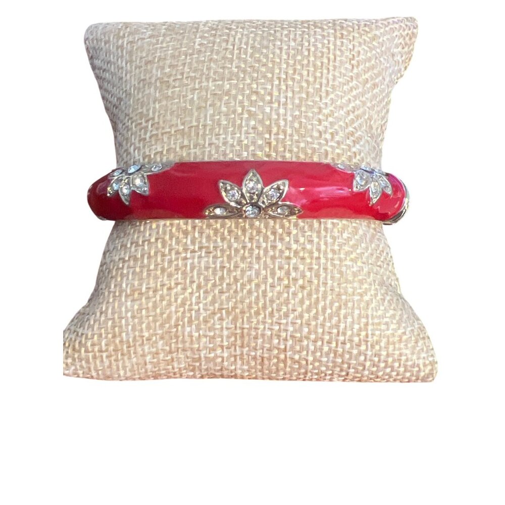 Vintage Gold Tone Red Enamel Clamper Bracelet Flowers Clear Rhinestones Estate